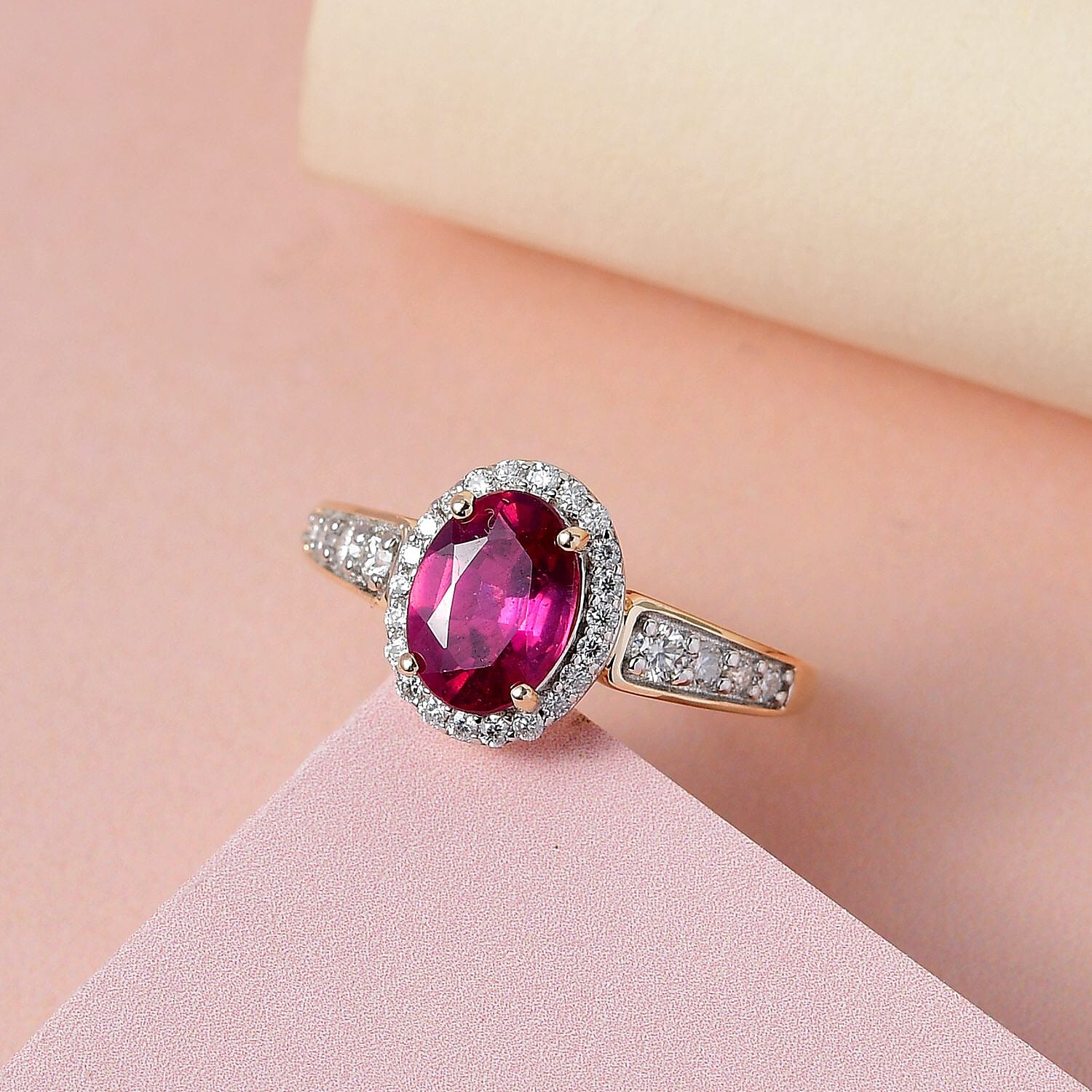 9K Yellow Gold Ruby (FF) and Moissanite Halo Ring 1.90 Ct