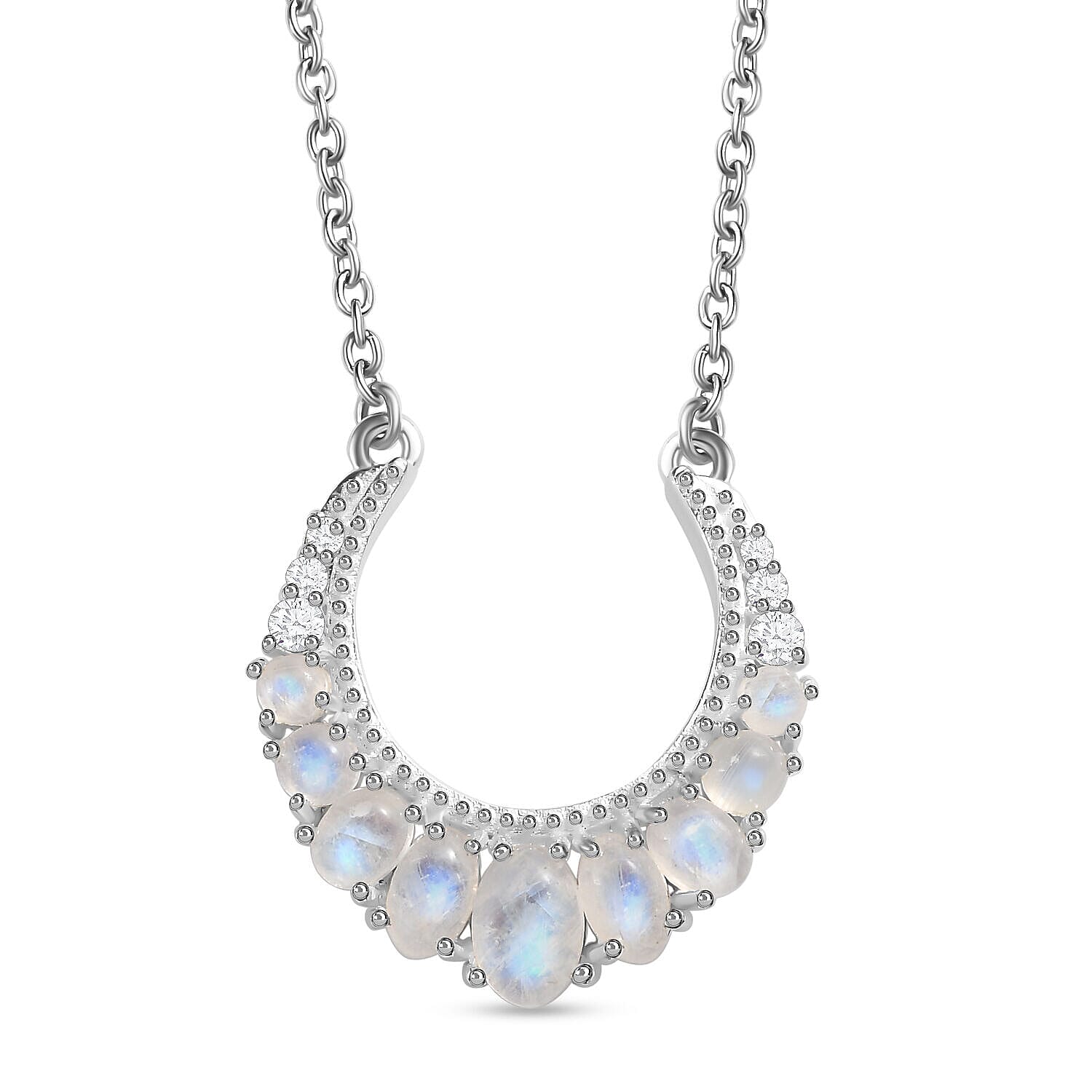 Rainbow Moonstone Glow and Natural Zircon Necklace with Lobster Clasp (Size - 20) in Sterling Silver 2.12 Ct