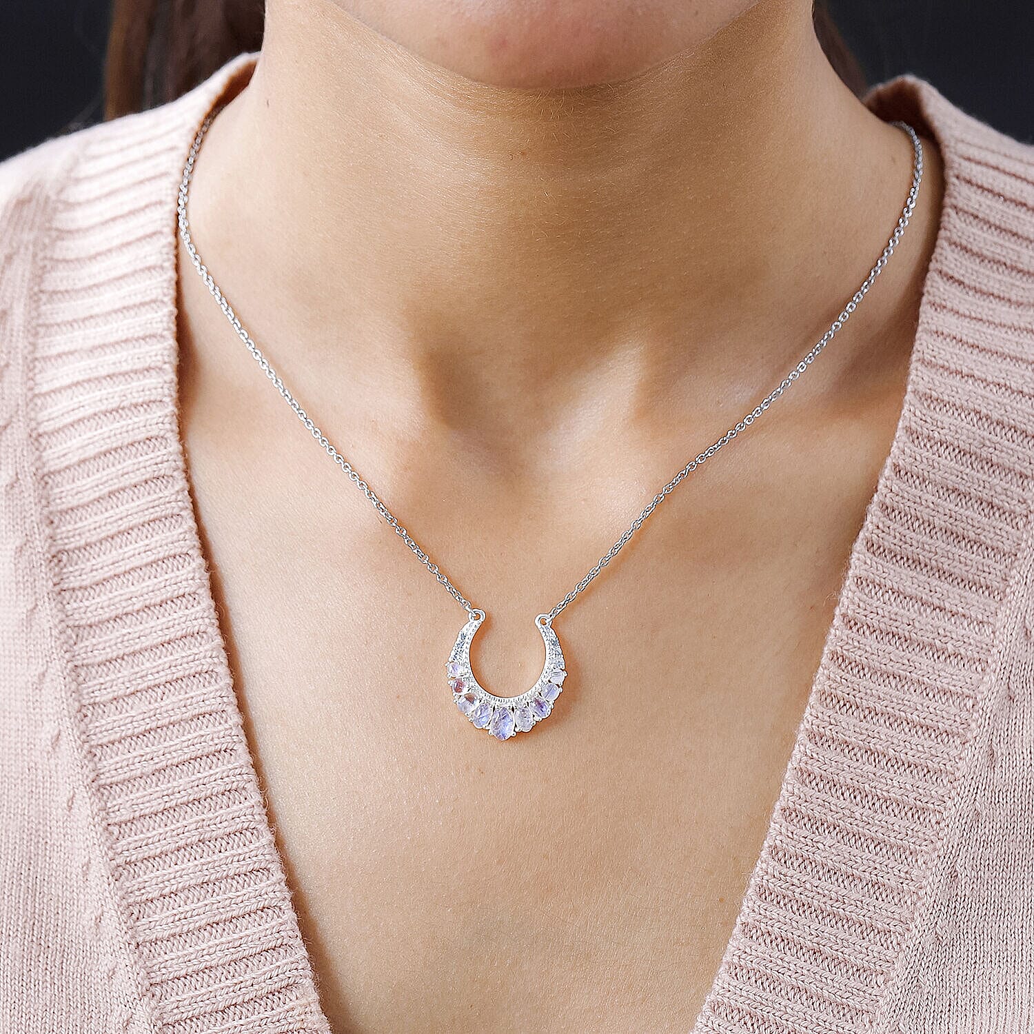 Rainbow Moonstone Glow and Natural Zircon Necklace with Lobster Clasp (Size - 20) in Sterling Silver 2.12 Ct