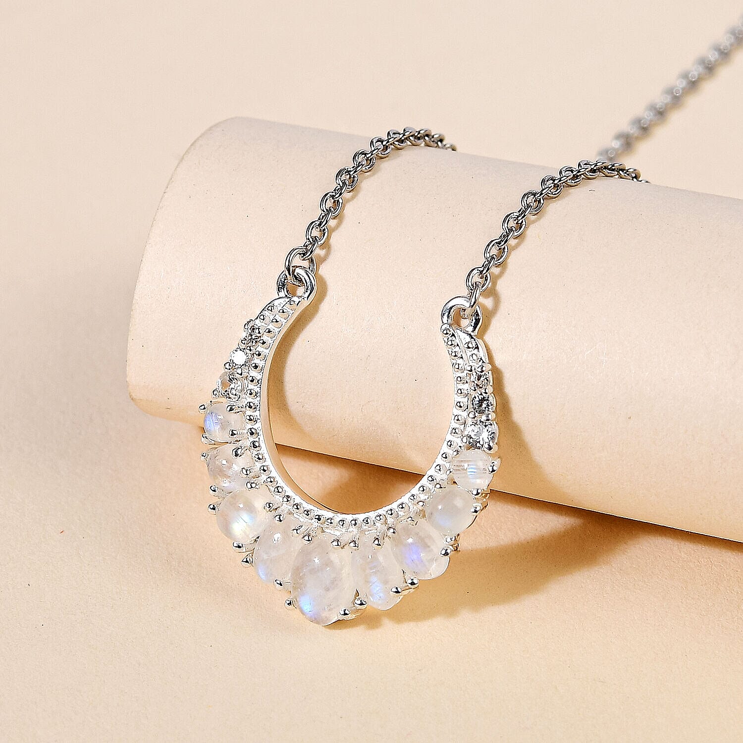 Rainbow Moonstone Glow and Natural Zircon Necklace with Lobster Clasp (Size - 20) in Sterling Silver 2.12 Ct