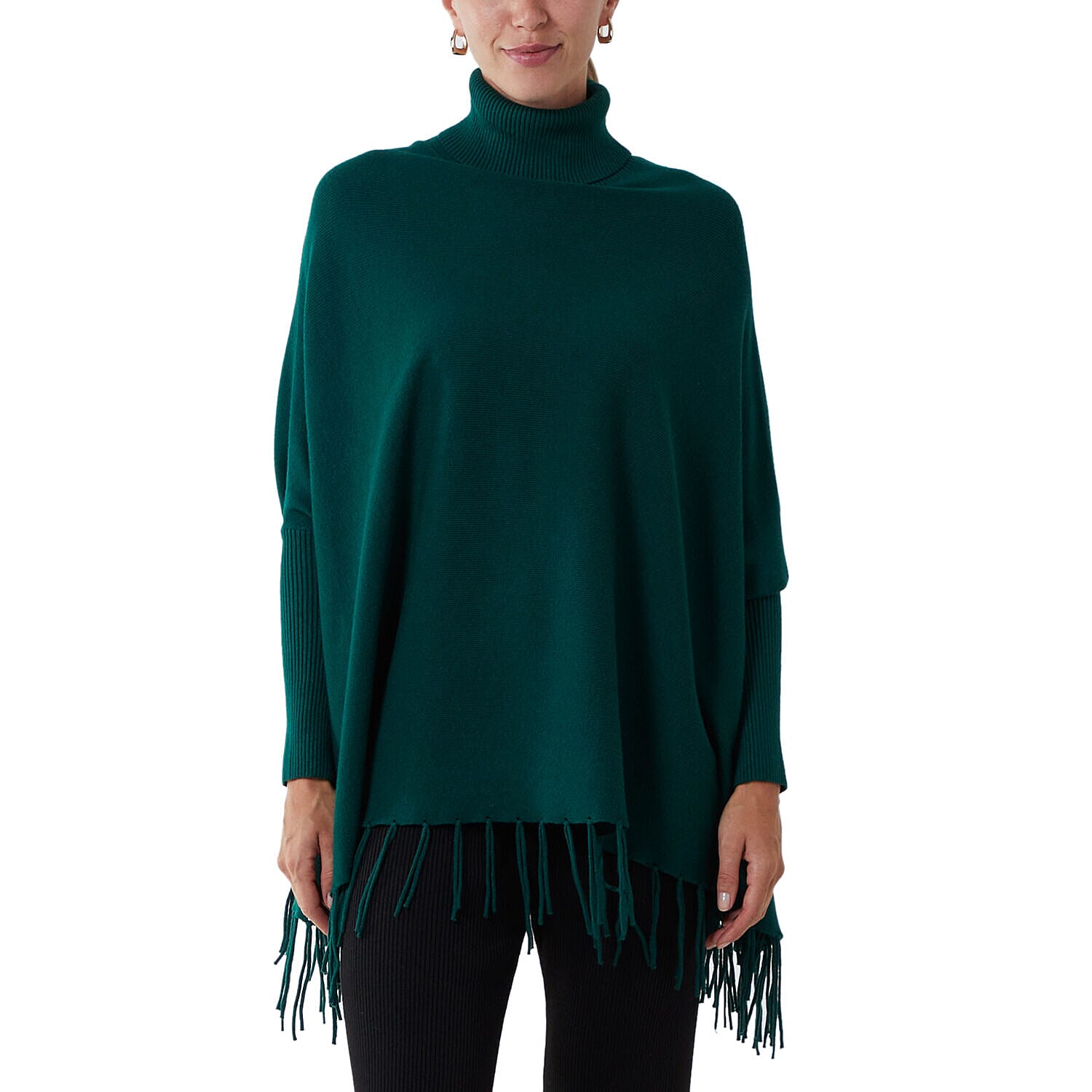 Nova of London Tassel Hem Roll Neck Poncho (One Size,8-20) - Green