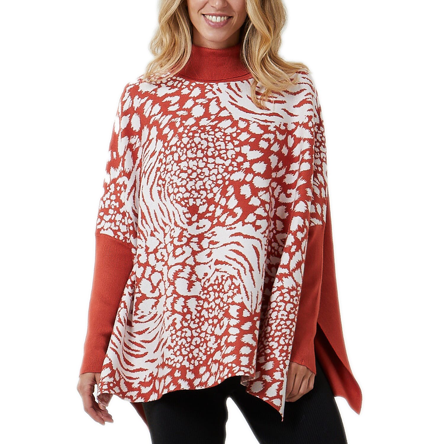 Doorbuster- Nova of London Zebra Roll Neck Poncho Jumper (One Size, 8-20) - Rust