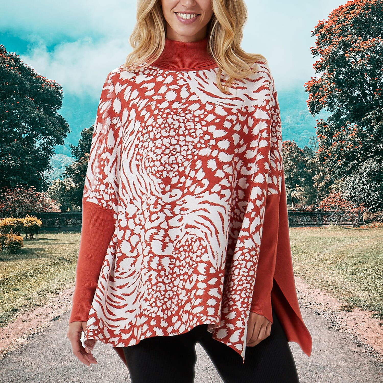 Doorbuster- Nova of London Zebra Roll Neck Poncho Jumper (One Size, 8-20) - Rust