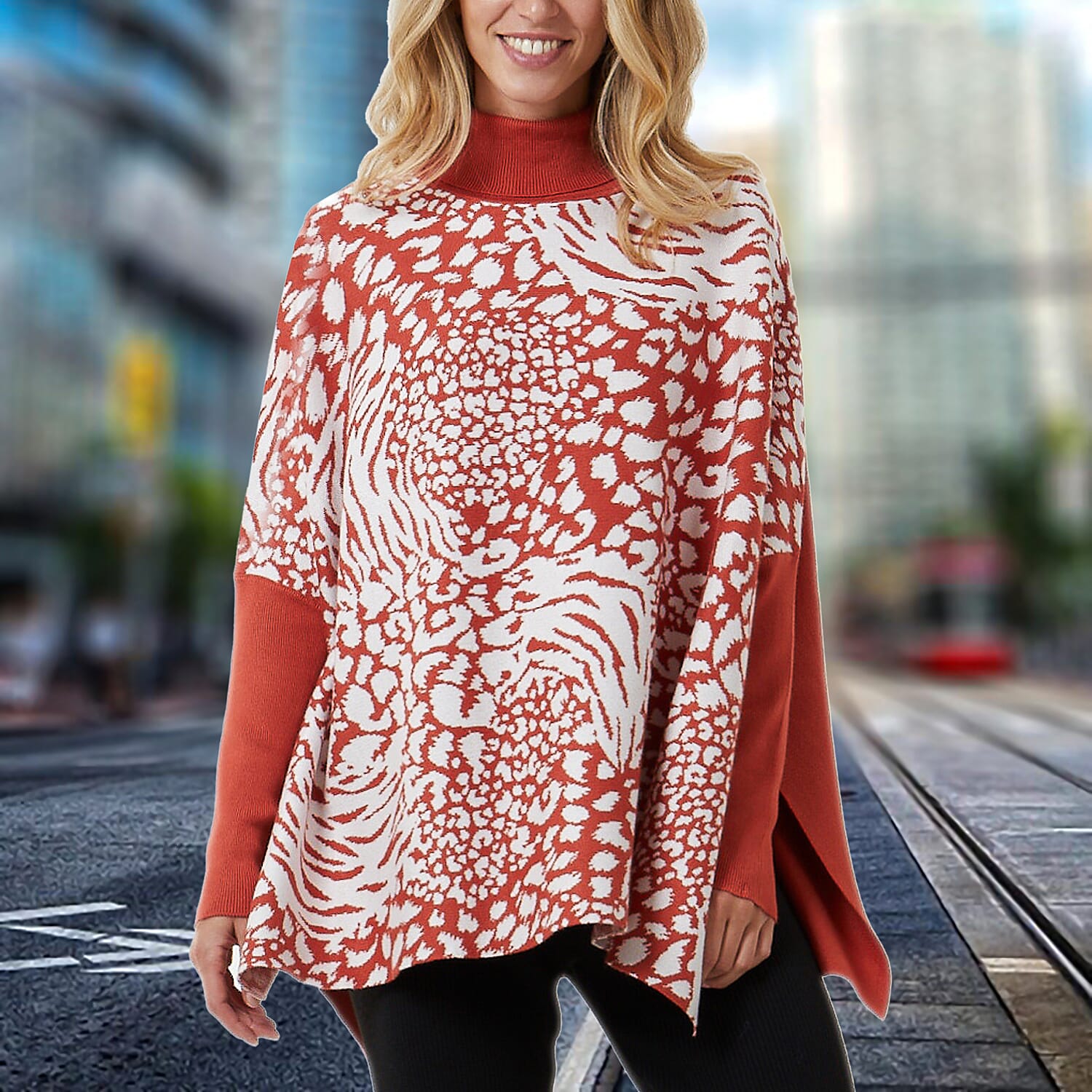 Doorbuster- Nova of London Zebra Roll Neck Poncho Jumper (One Size, 8-20) - Rust