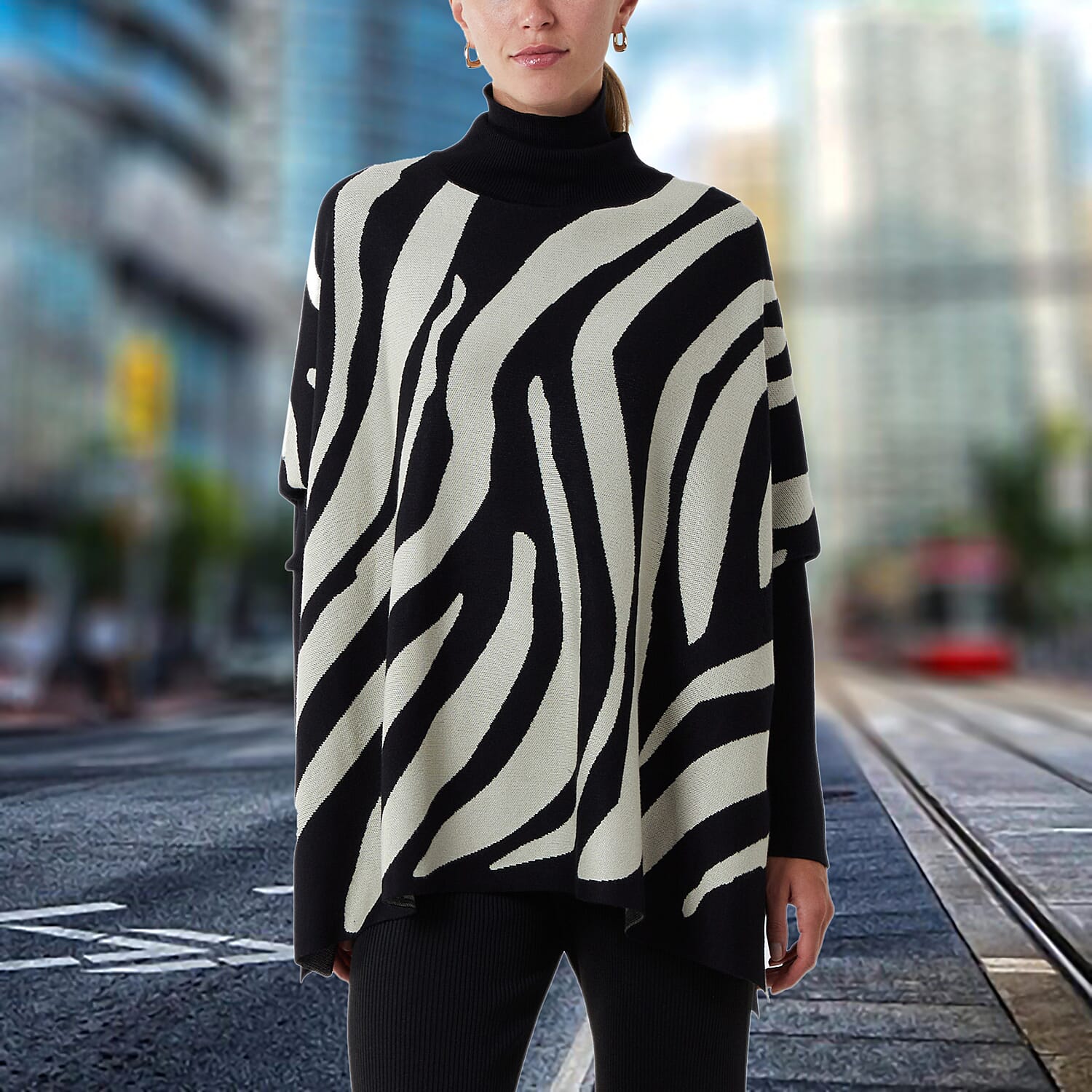 Nova of London Zebra Roll Neck Poncho Jumper (One Size, 8-20) - Black