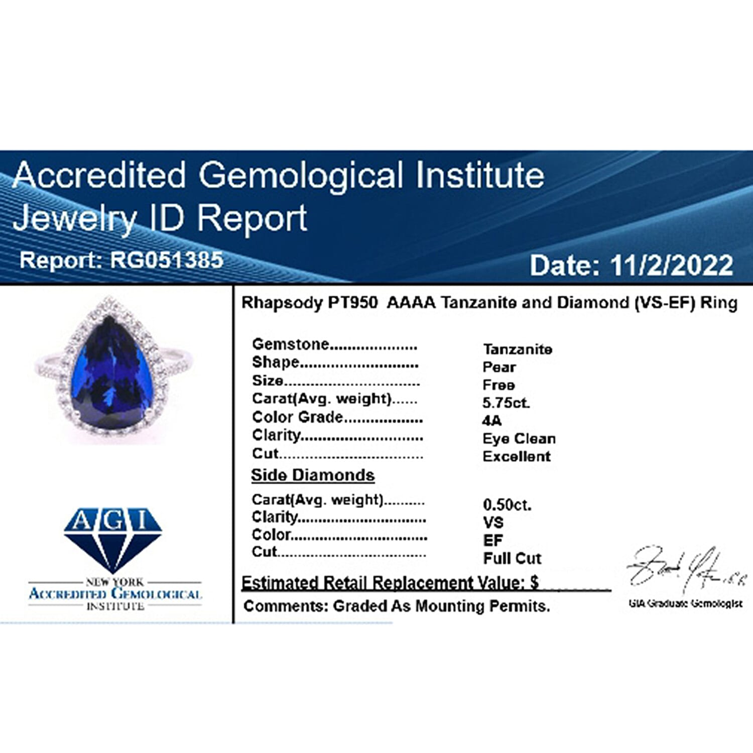 950 Platinum  AAAA  Tanzanite   White Diamond  VS Ring 6.25 pc,  Platinum Wt. 5.98 Gms  6.250  Ct.