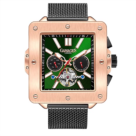 GAMAGES OF LONDON Hand Assembled Astute Automatic Movement Green Dial Rose Gold Bezel Water Resistant Watch with Black Stainless Steel Milanese Bracelet