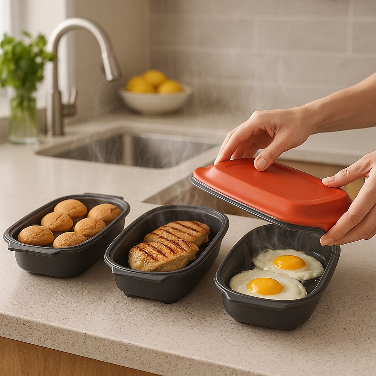 Homesmart Microwave Grill Pans x3 - Crisping Pan, Egg-Cooker, Ball Shapes - Black - Red - Grill, Sear, Steam, Stew - Bake