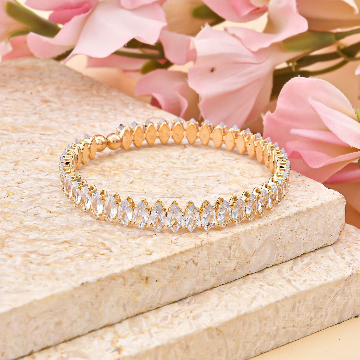 White Austrian Crystal Bangle (Size 6.5) in Yellow Gold Tone