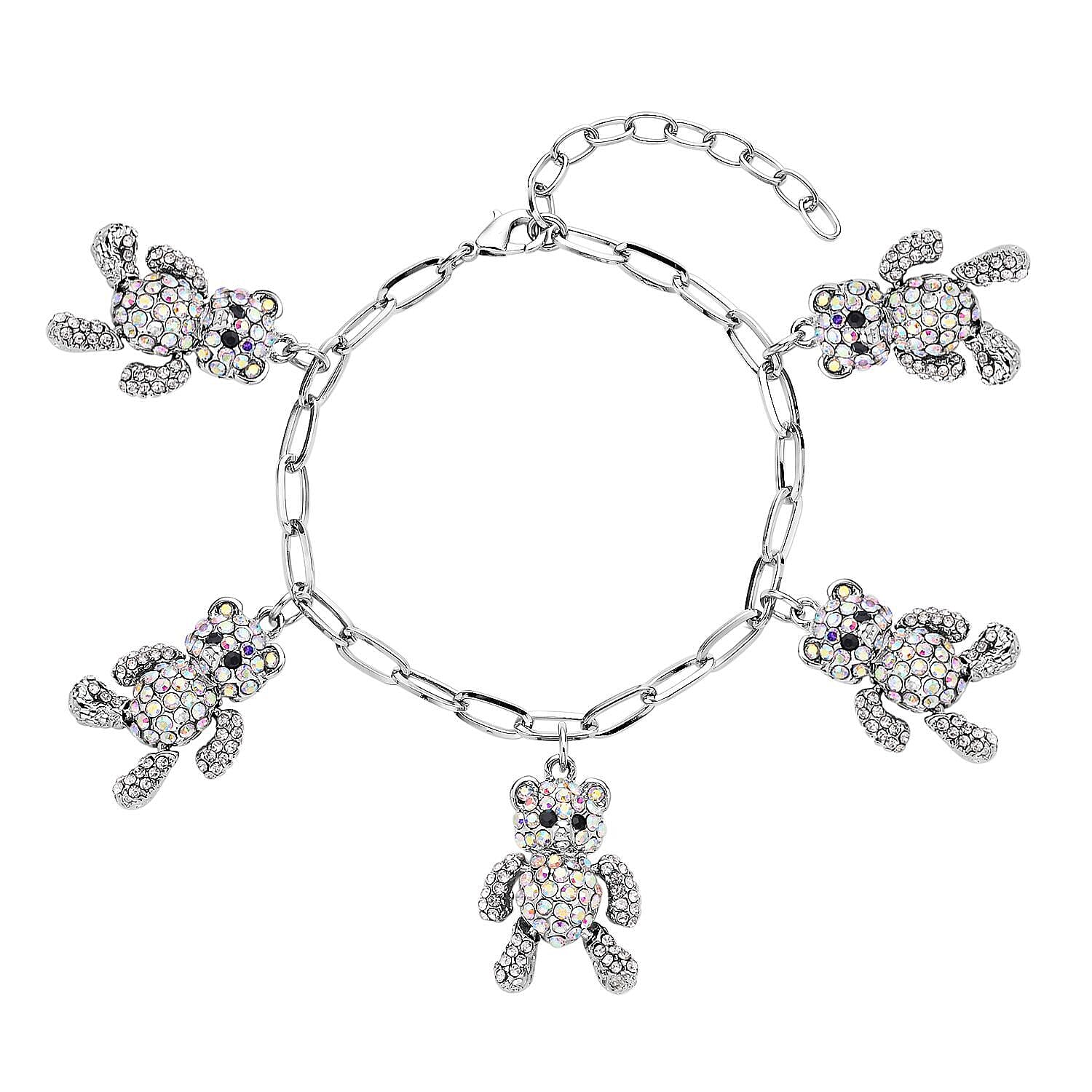 White Austrian Crystal Teddy Charms Bracelet (Size - 7.5 With 2 Inch Extender) in Silver Tone