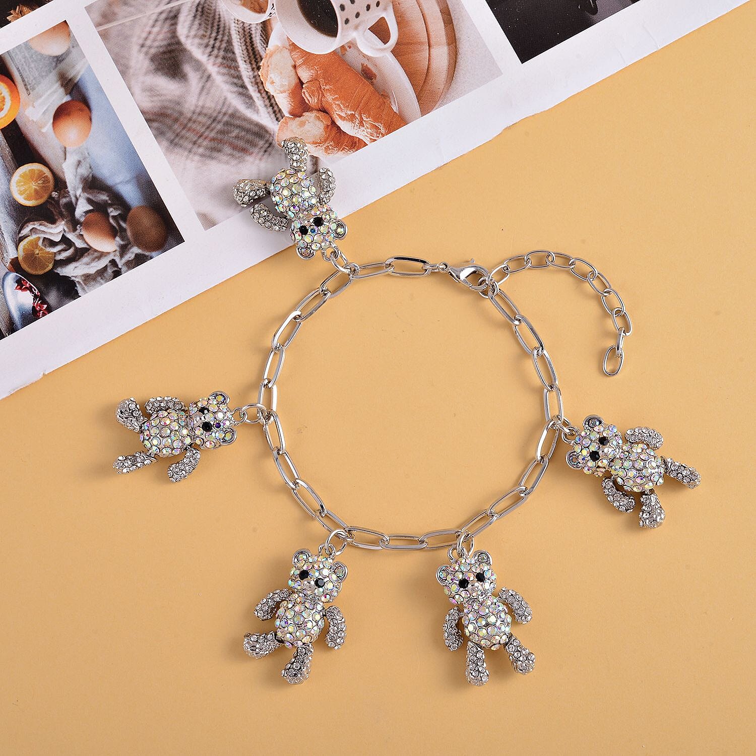 White Austrian Crystal Teddy Charms Bracelet (Size - 7.5 With 2 Inch Extender) in Silver Tone