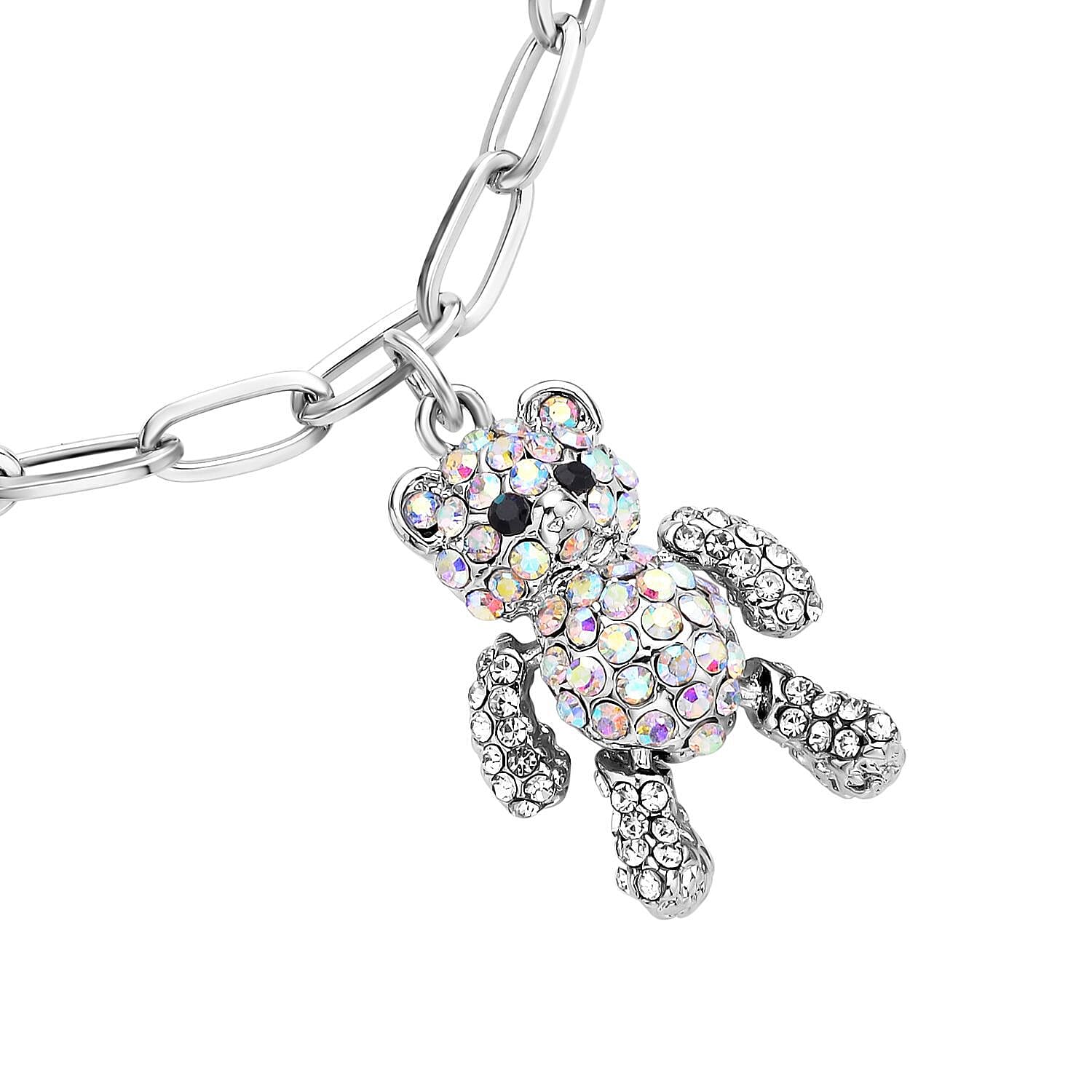 White Austrian Crystal Teddy Charms Bracelet (Size - 7.5 With 2 Inch Extender) in Silver Tone
