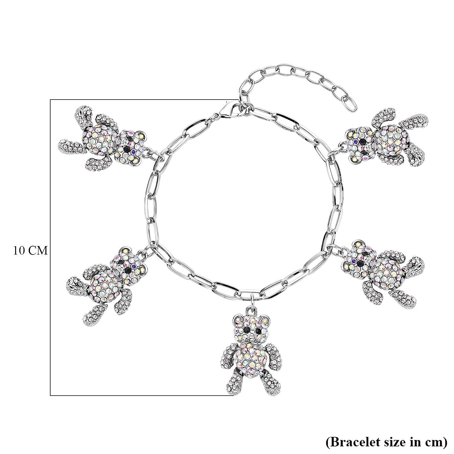 White Austrian Crystal Teddy Charms Bracelet (Size - 7.5 With 2 Inch Extender) in Silver Tone