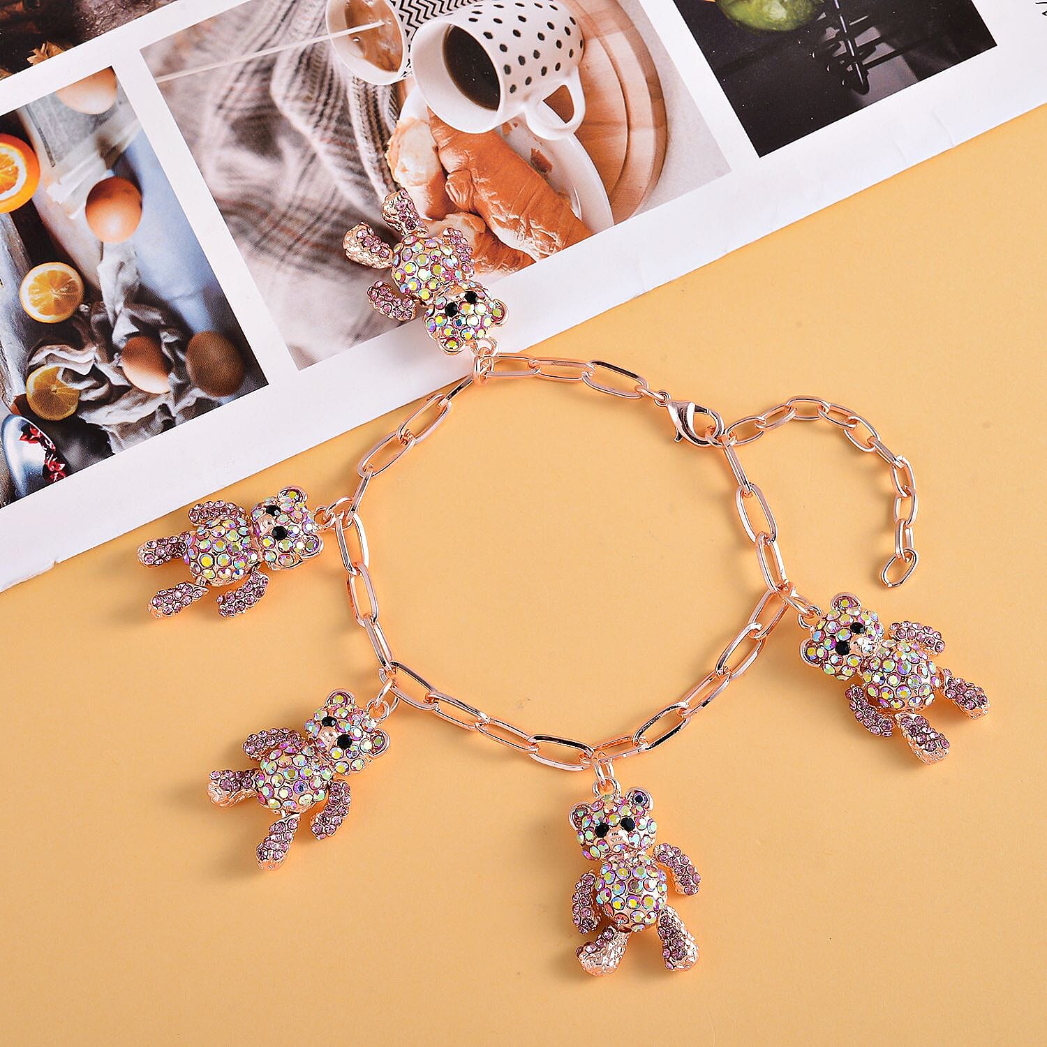 Pink Austrian Crystal Teddy Charms Bracelet (Size - 7.5 with 2 Inch Extender) in Silver Tone