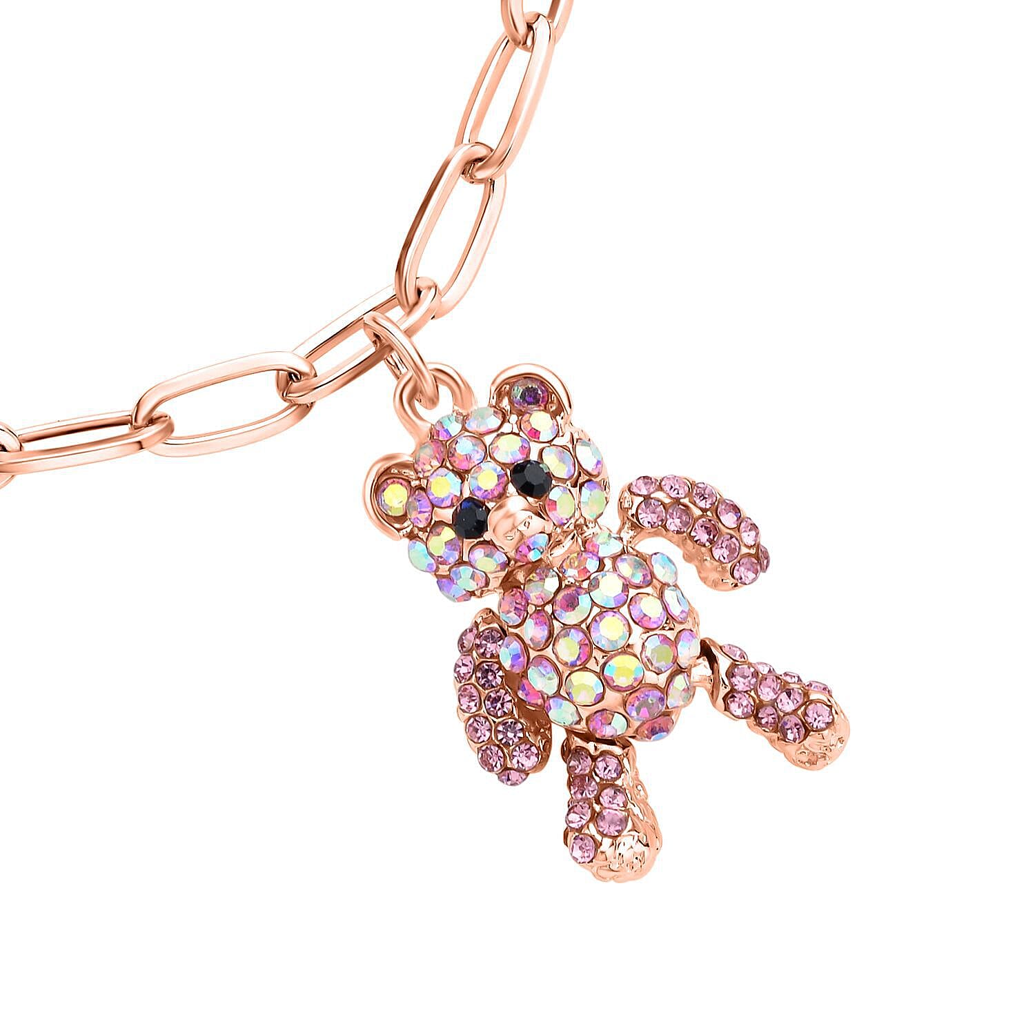 Pink Austrian Crystal Teddy Charms Bracelet (Size - 7.5 with 2 Inch Extender) in Silver Tone