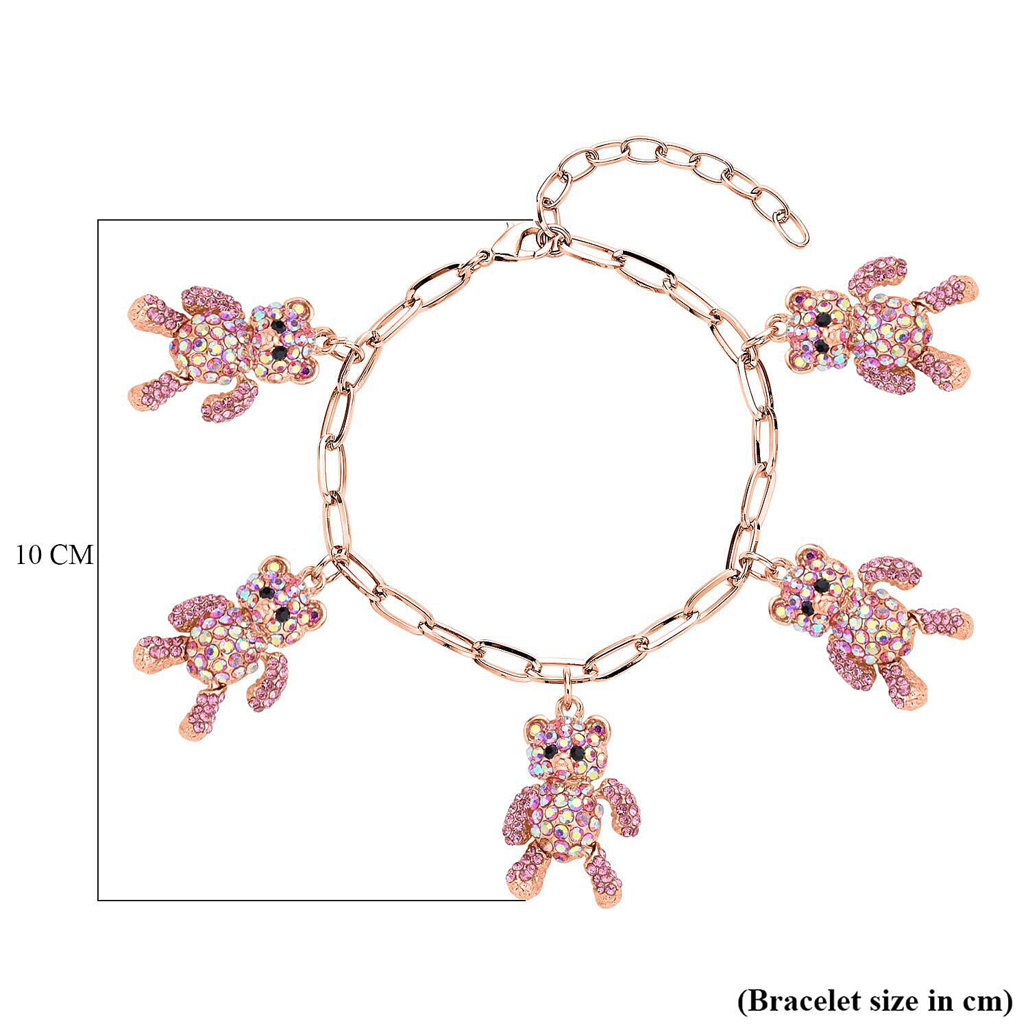Pink Austrian Crystal Teddy Charms Bracelet (Size - 7.5 with 2 Inch Extender) in Silver Tone