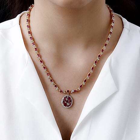 GP Celestial Dream Collection - African Ruby and Natural Zircon Necklace (Size - 20) in 18K Yellow Gold Vermeil Plated Sterling Silver 16.10 Ct