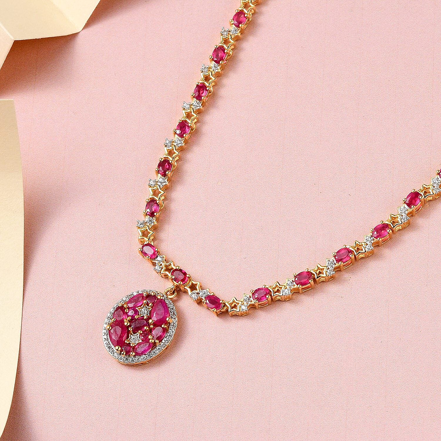 GP Celestial Dream Collection - African Ruby and Natural Zircon Necklace (Size - 20) in 18K Yellow Gold Vermeil Plated Sterling Silver 16.10 Ct