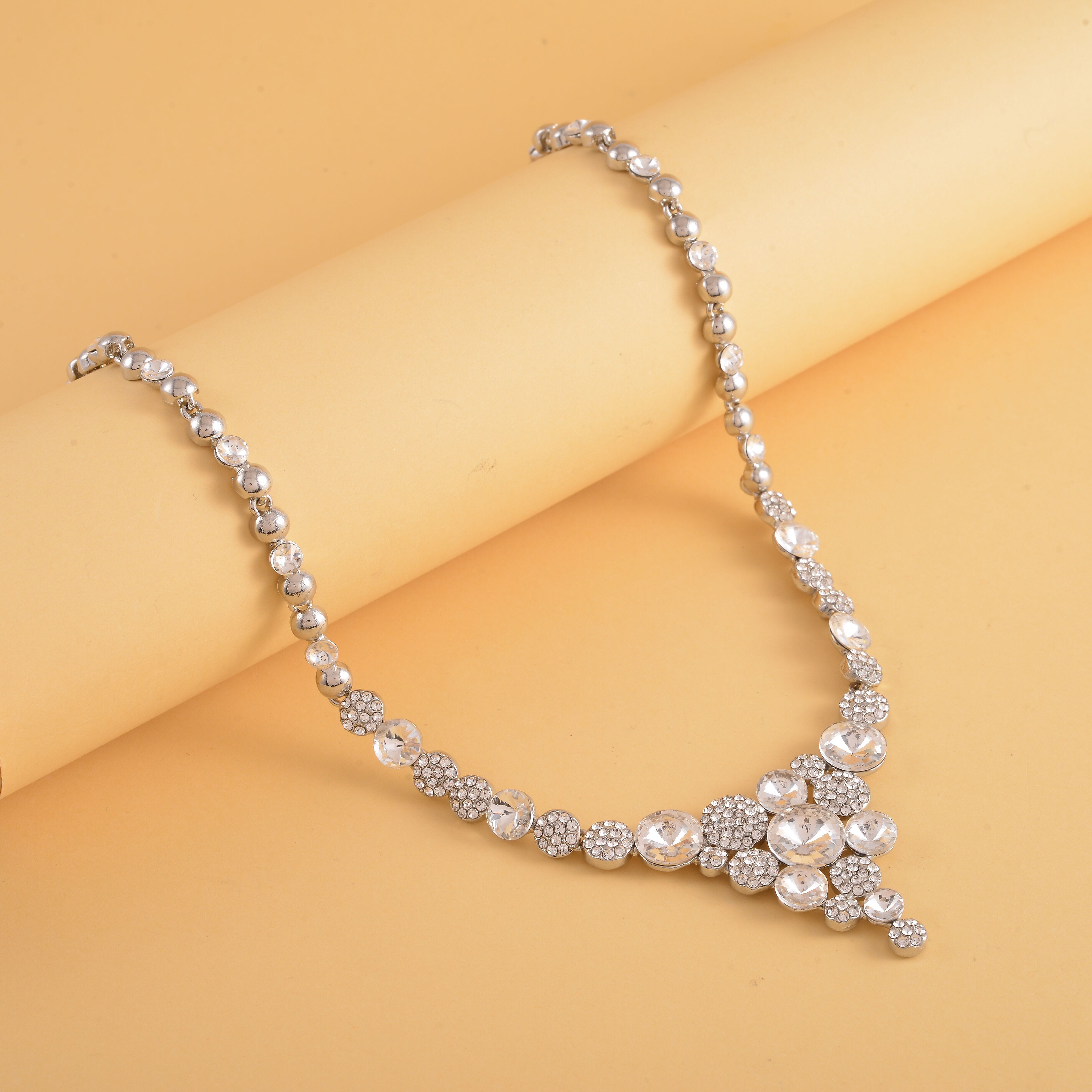 Simulated Diamond and White Austrian Crystal Necklace (Size - 20-2 Inch Ext.) in Silver Tone