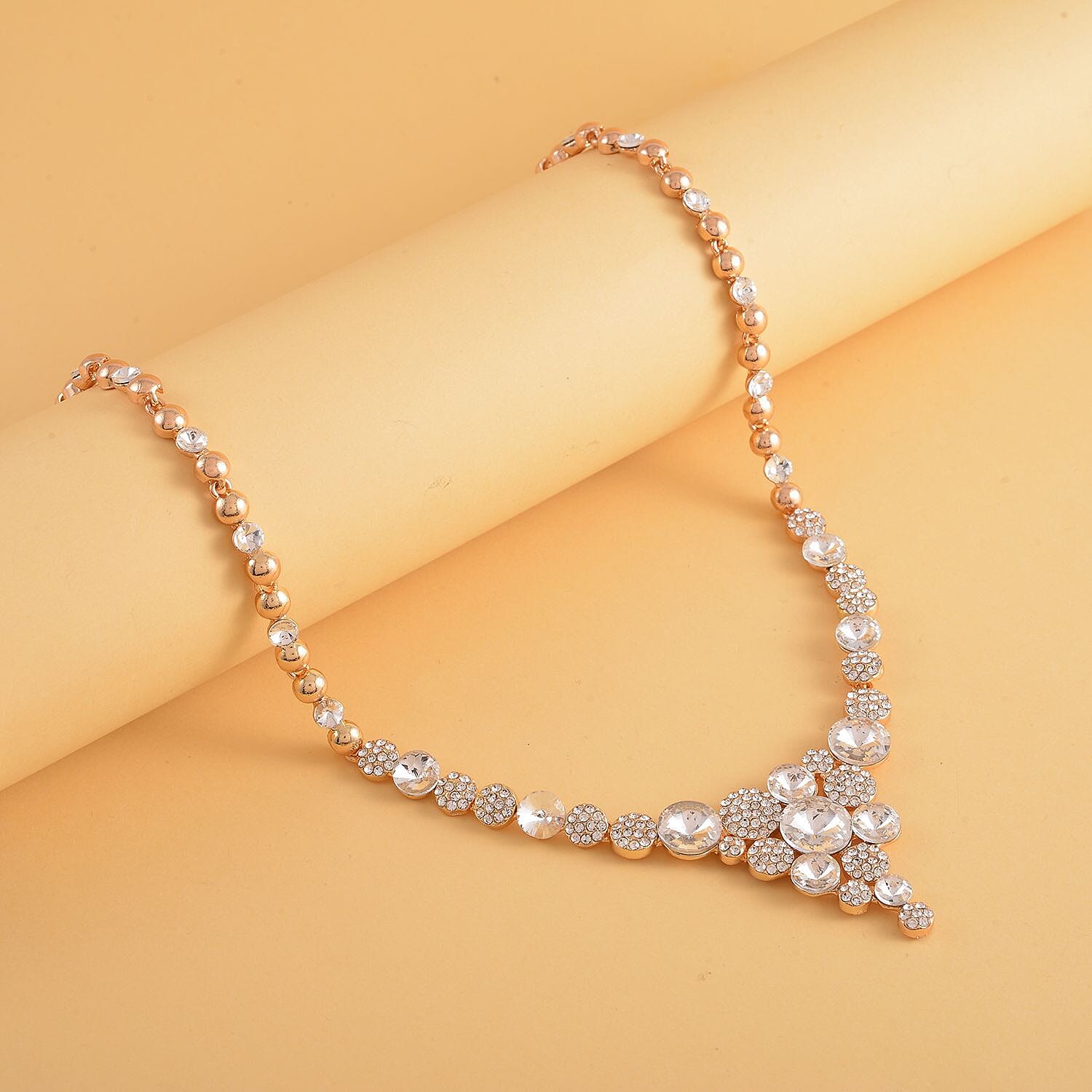 Simulated Diamond and White Austrian Crystal Necklace (Size 20-2 Inch Ext.) in Yellow Gold Tone