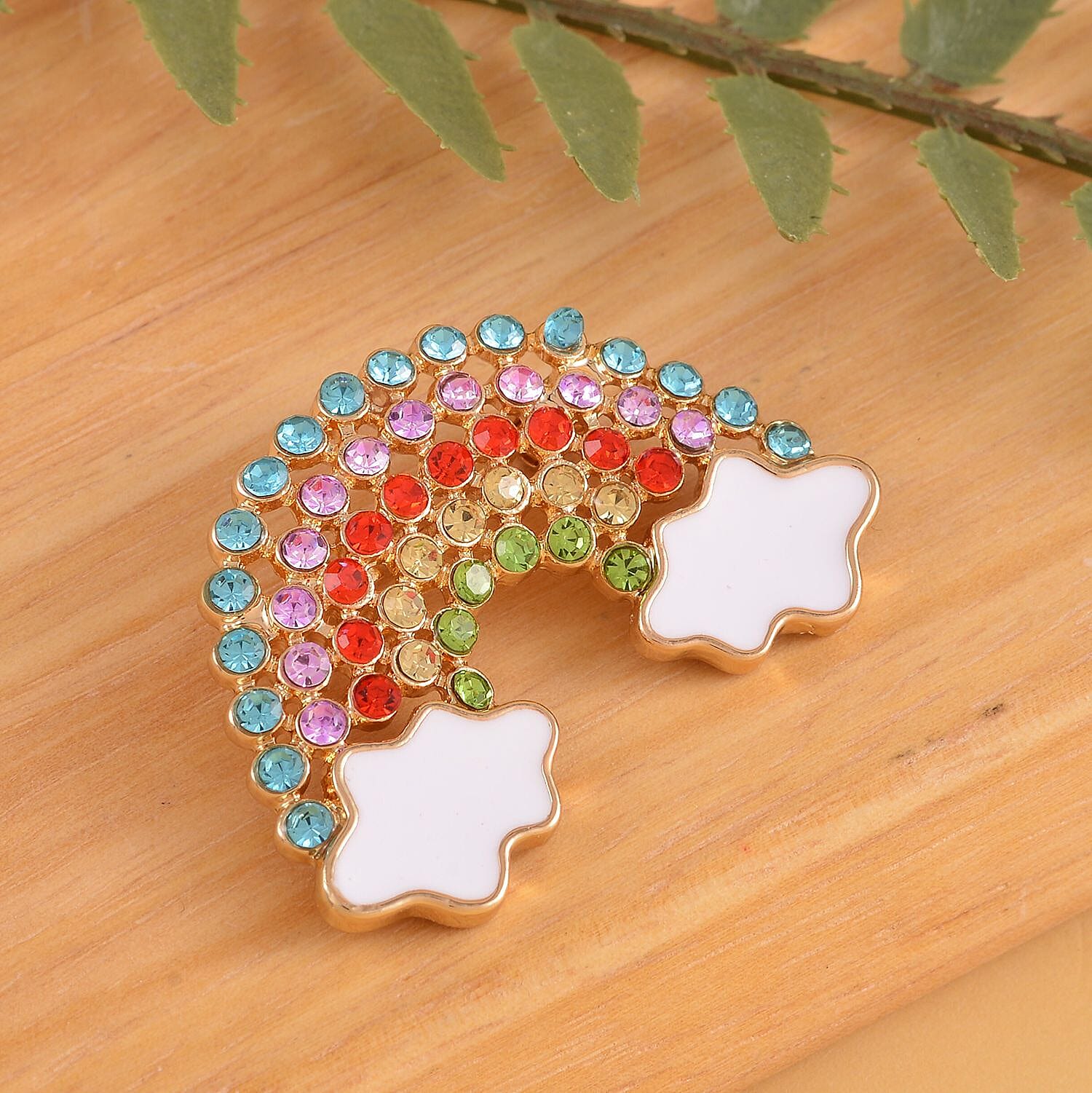 Multi Colour Austrian Crystal Enamelling Rainbow Brooch in Yellow Gold Tone