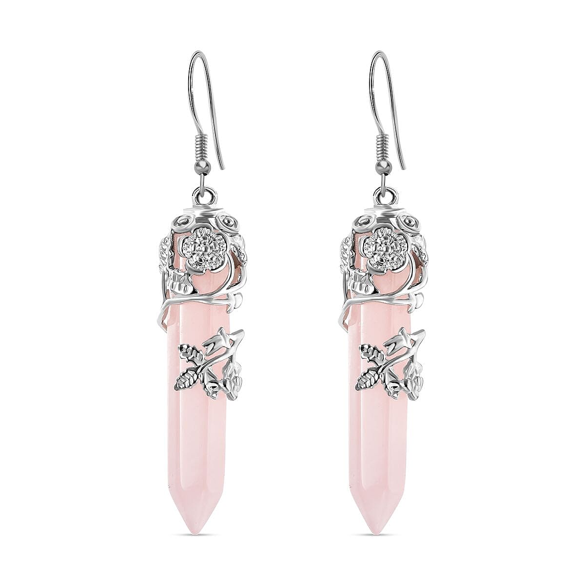 Rose Quartz Bullet Earrings (with hook) in Stainless Steel and Silver Tone