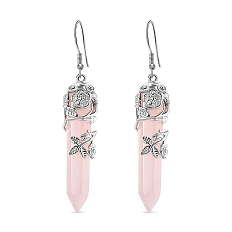 Rose Quartz Bullet Floral Vine Stainless Steel Earrings in Silver Tone