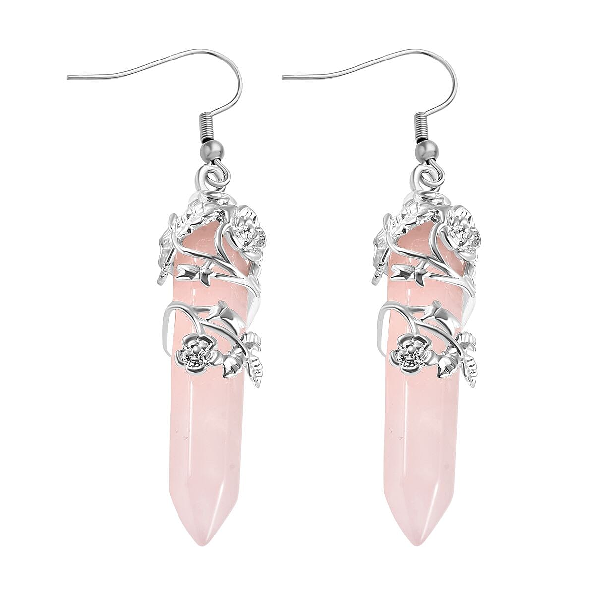 Rose Quartz Bullet Earrings (with hook) in Stainless Steel and Silver Tone