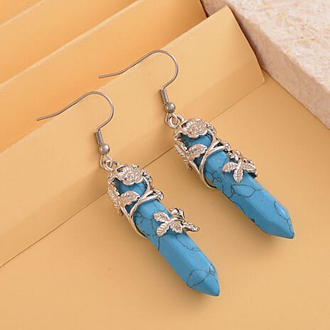 Sleeping Beauty Colour Howlite Bullet Floral Vine Stainless Steel Earrings in Silver Tone