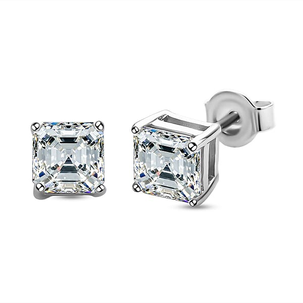 Moissanite Asscher Cut Stud Earrings (With Push Back) in Rhodium Overlay Sterling Silver