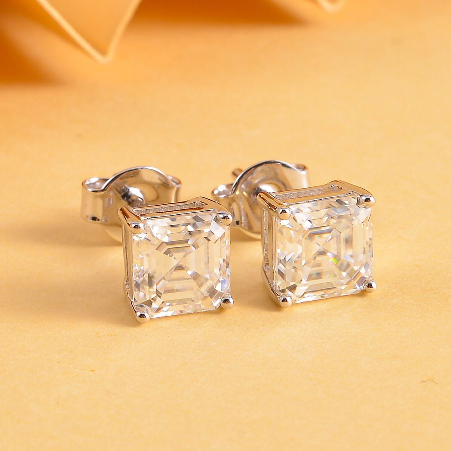 Moissanite (Asscher Cut) Stud Earrings (with Push Back) in Rhodium Overlay Sterling Silver 2.30 Ct