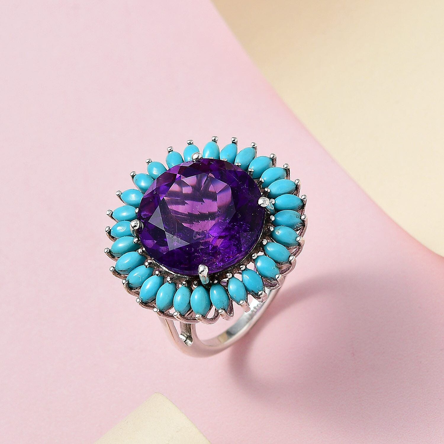 Amethyst and Arizona Sleeping Beauty Turquoise Ring in Platinum Overlay Sterling Silver 15.82 Ct, Silver Wt. 5.50 Gms.
