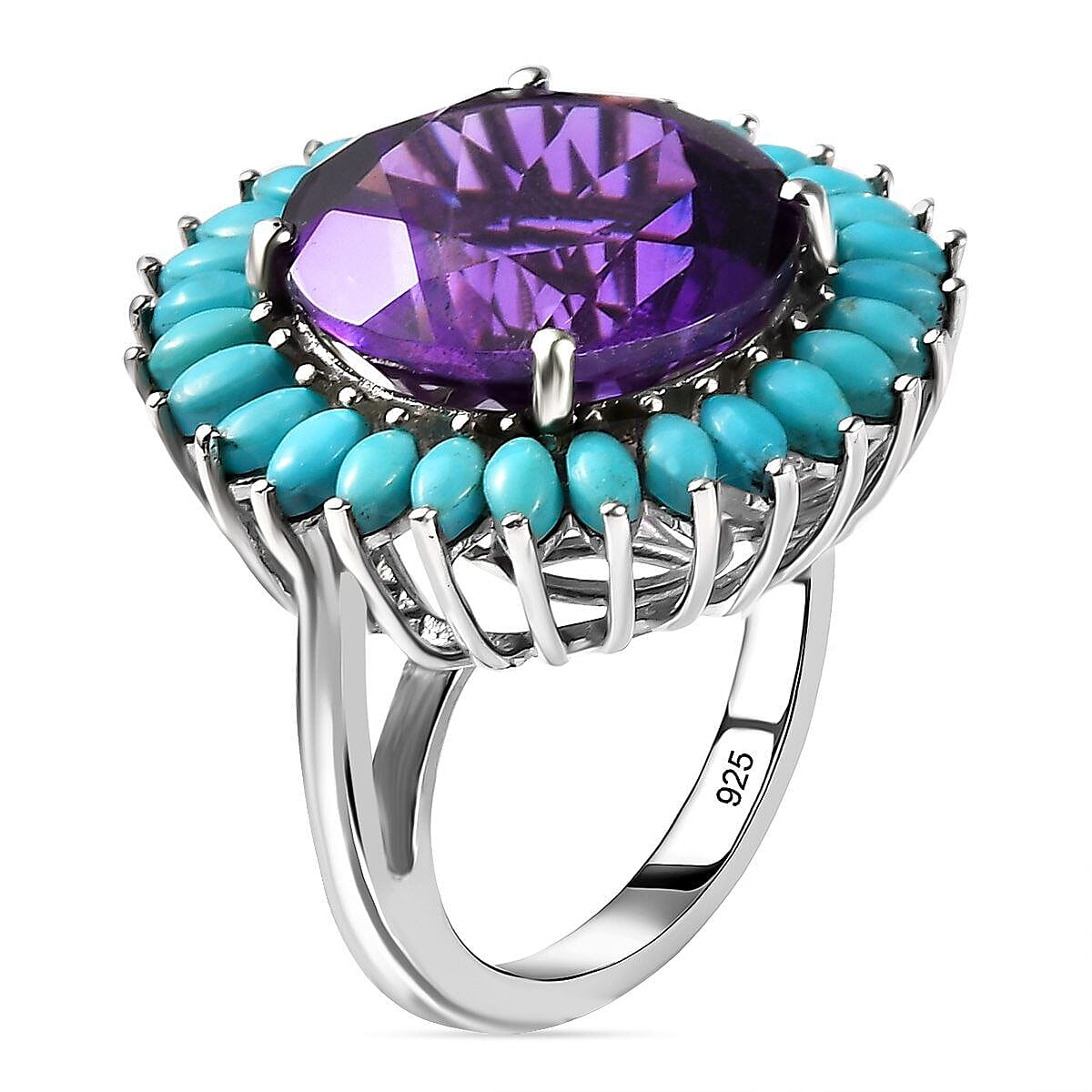 Amethyst and Arizona Sleeping Beauty Turquoise Ring in Platinum Overlay Sterling Silver 15.82 Ct, Silver Wt. 5.50 Gms.