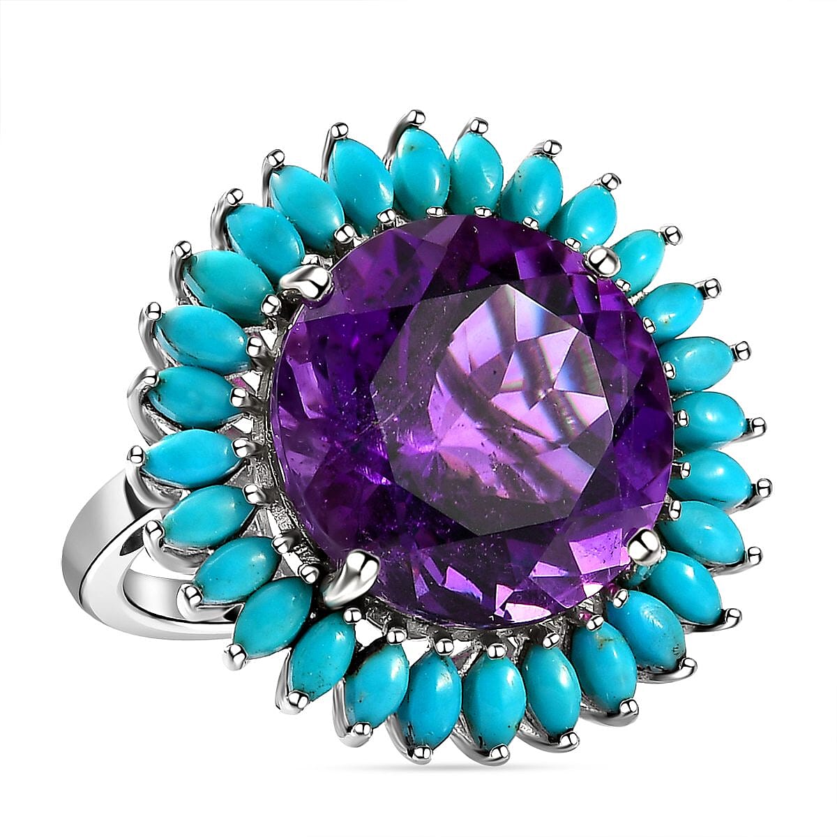 Amethyst and Arizona Sleeping Beauty Turquoise Ring in Platinum Overlay Sterling Silver 15.82 Ct, Silver Wt. 5.50 Gms.
