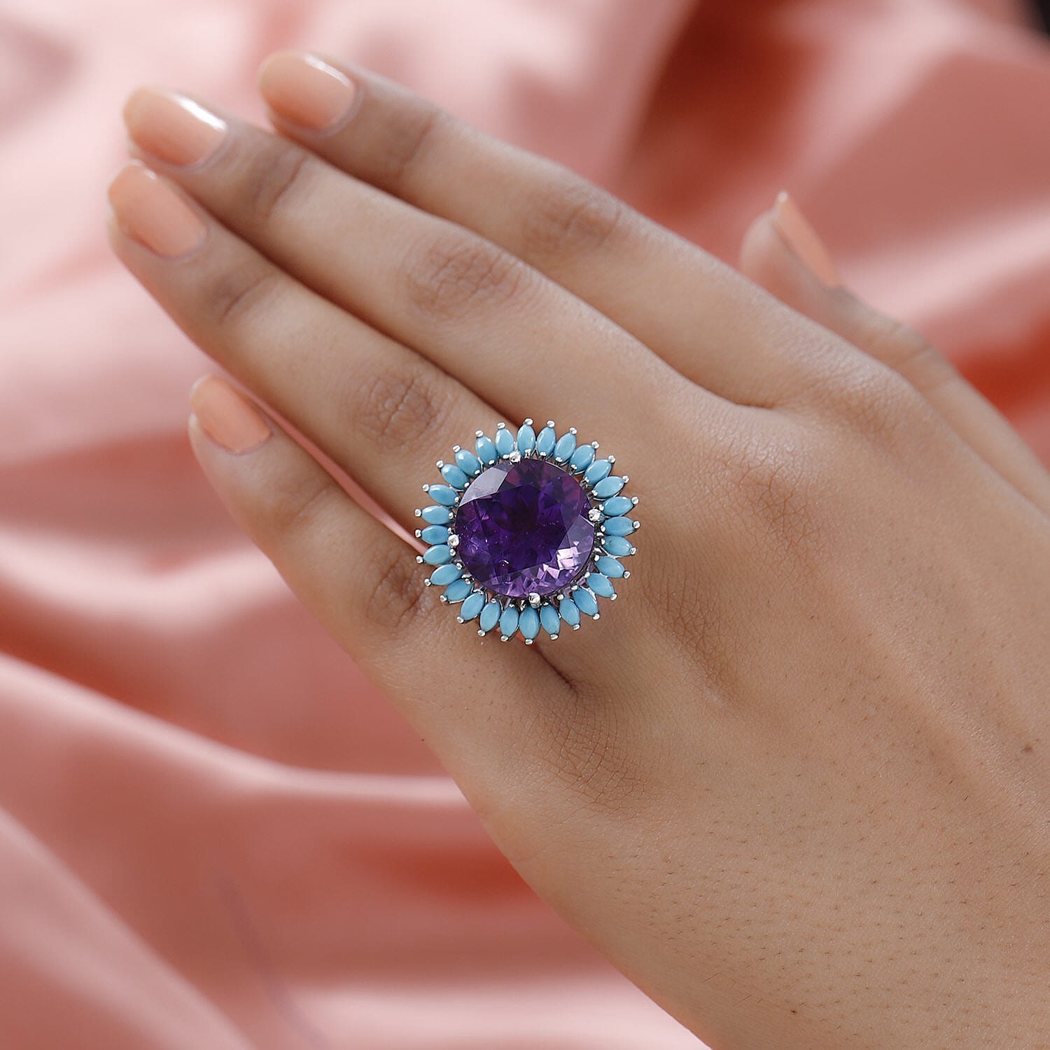 Amethyst and Arizona Sleeping Beauty Turquoise Ring in Platinum Overlay Sterling Silver 15.82 Ct, Silver Wt. 5.50 Gms.