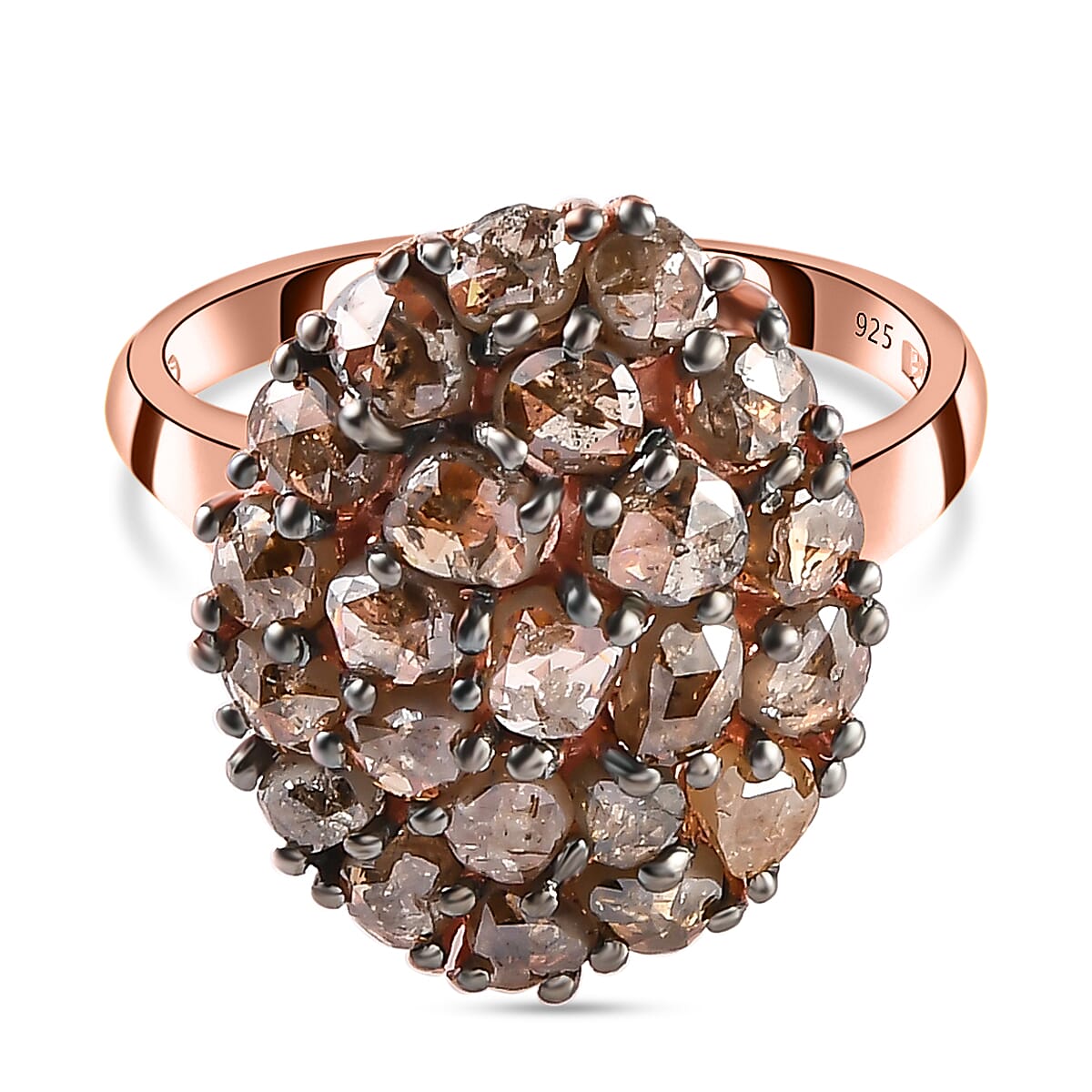 Biggest Natural Champagne Rose Cut Diamond Ring in Vermeil Rose Gold Plated Sterling Silver 3.25 Ct.