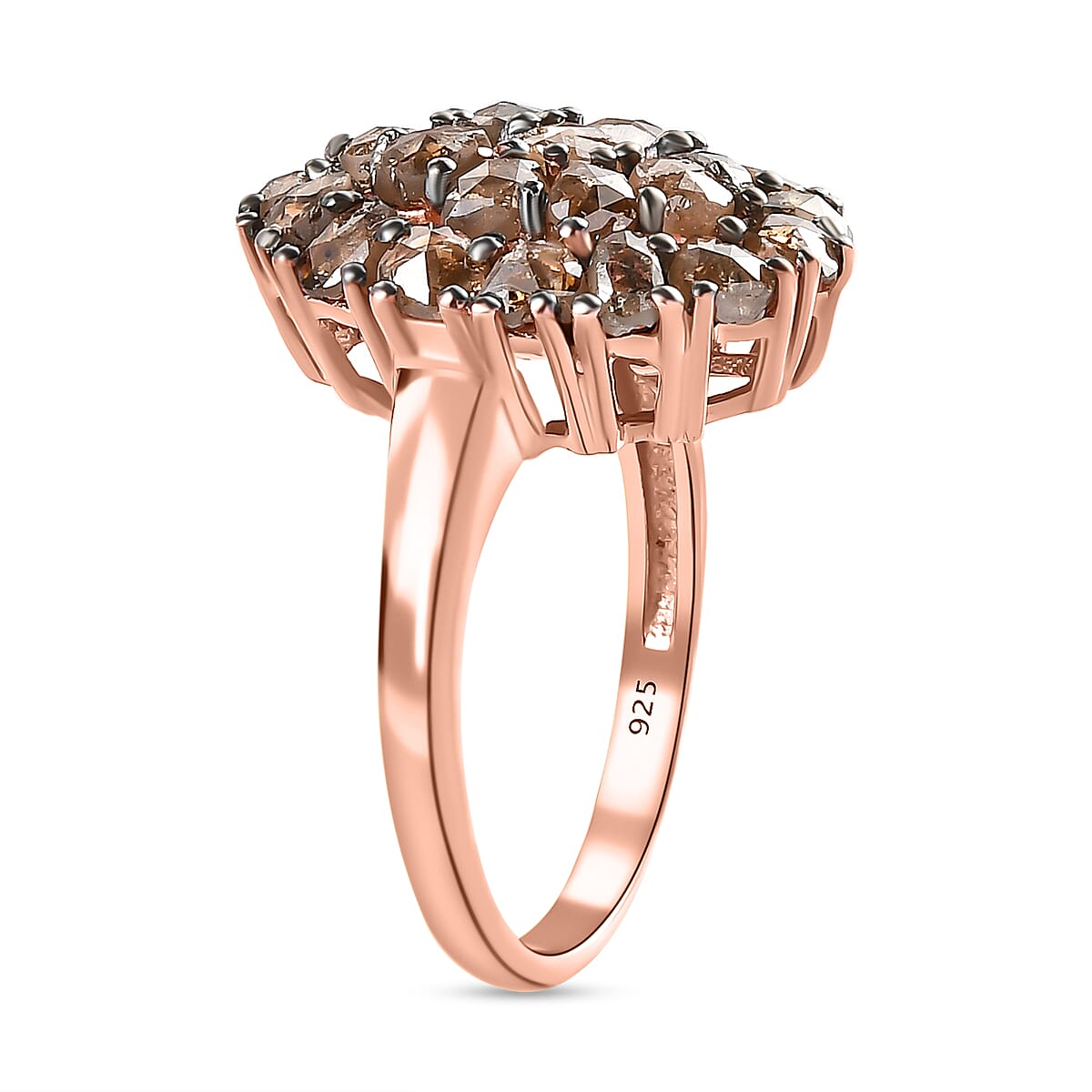 Biggest Natural Champagne Rose Cut Diamond Ring in Vermeil Rose Gold Plated Sterling Silver 3.25 Ct.