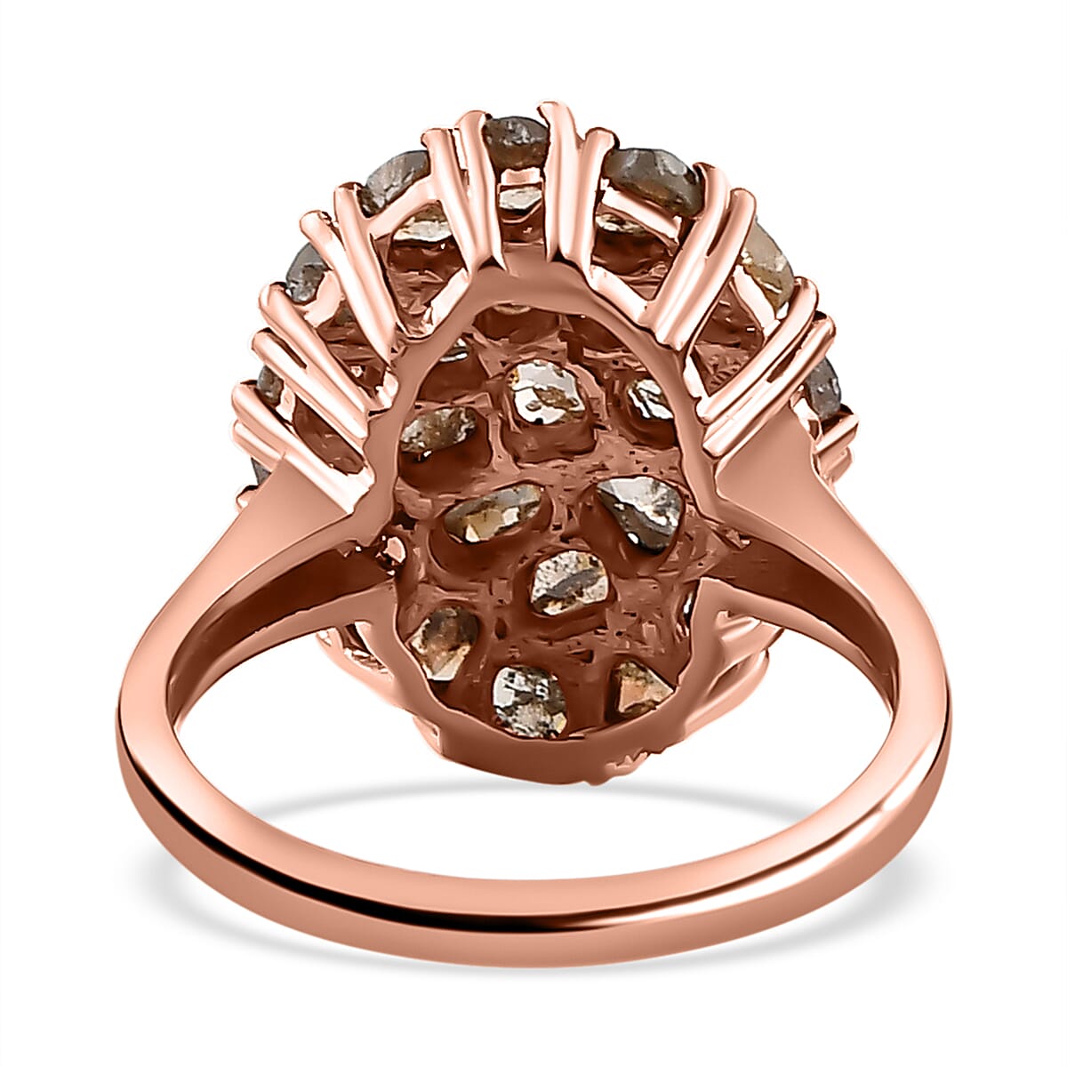 Biggest Natural Champagne Rose Cut Diamond Ring in Vermeil Rose Gold Plated Sterling Silver 3.25 Ct.