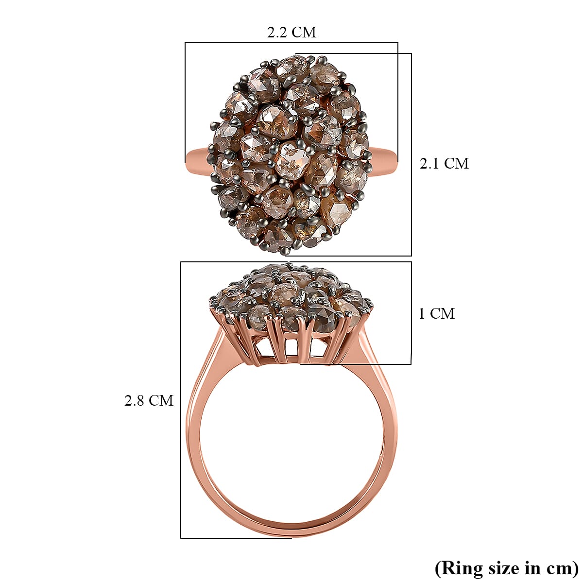 Biggest Natural Champagne Rose Cut Diamond Ring in Vermeil Rose Gold Plated Sterling Silver 3.25 Ct.
