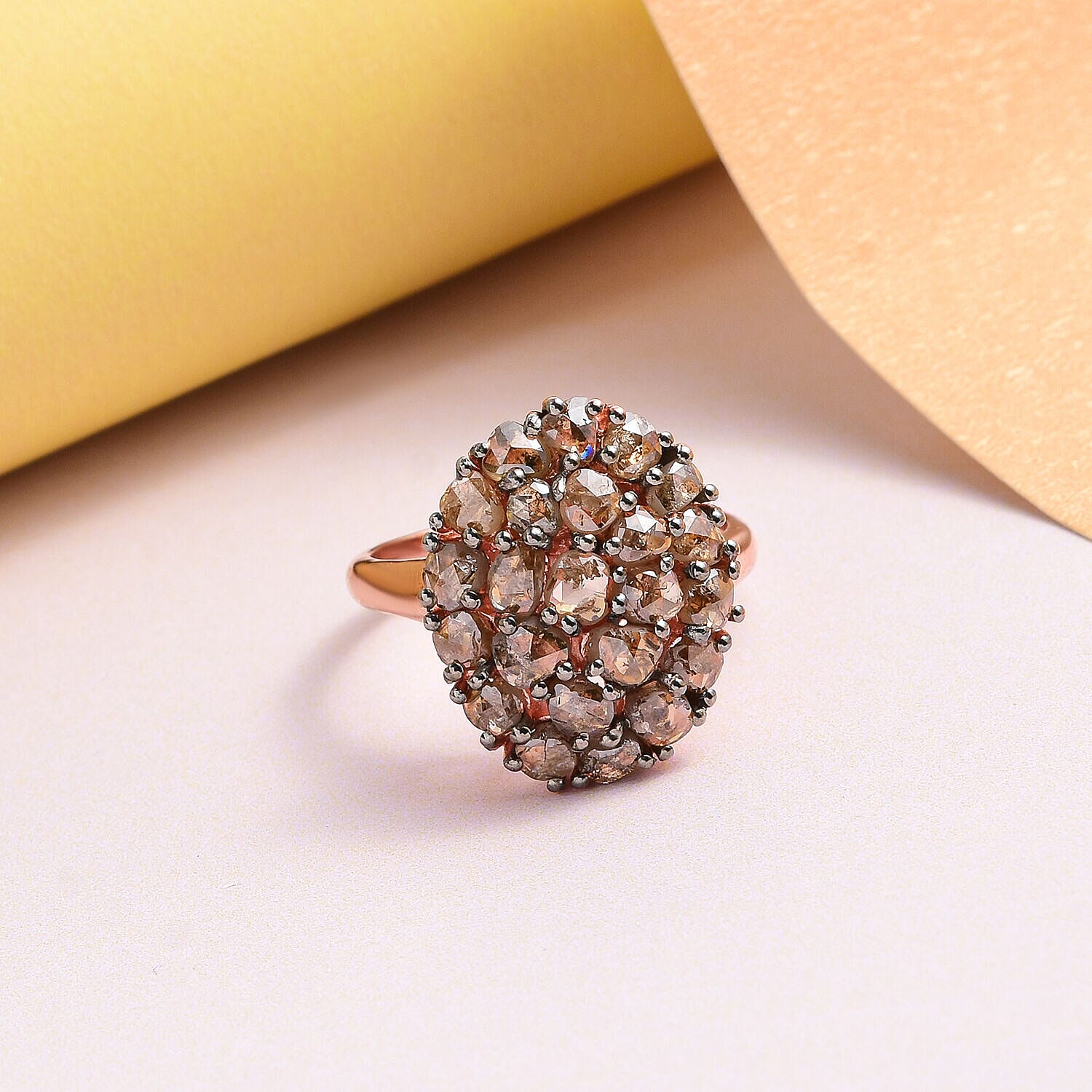 Biggest Natural Champagne Rose Cut Diamond Ring in Vermeil Rose Gold Plated Sterling Silver 3.25 Ct.