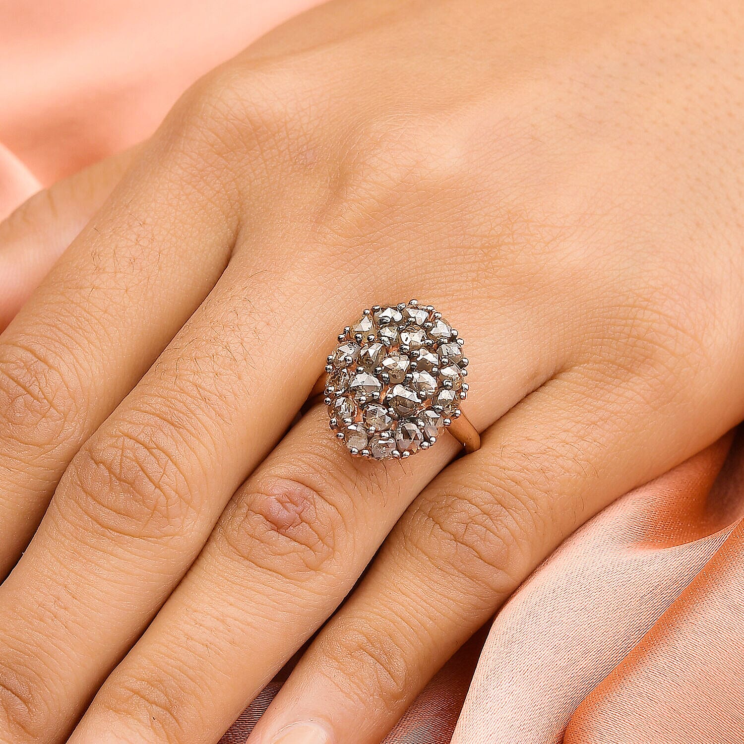 Biggest Natural Champagne Rose Cut Diamond Ring in Vermeil Rose Gold Plated Sterling Silver 3.25 Ct.