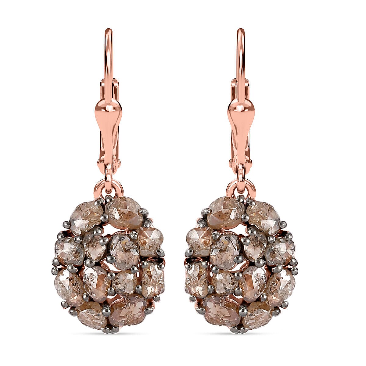 Biggest Natural Champagne Rose Cut Diamond Earrings in Vermeil Rose Gold Plated Sterling Silver 3.25 Ct.