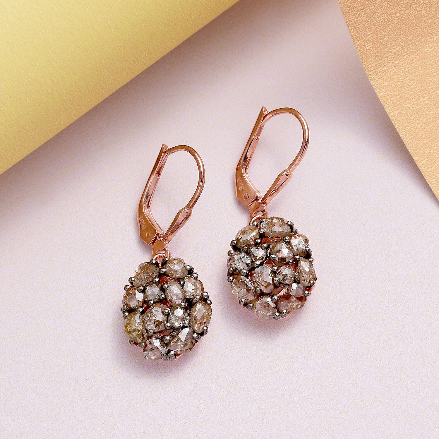 Biggest Natural Champagne Rose Cut Diamond Earrings in Vermeil Rose Gold Plated Sterling Silver 3.25 Ct.