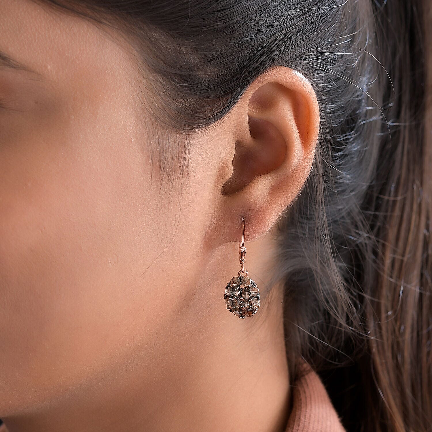 Biggest Natural Champagne Rose Cut Diamond Earrings in Vermeil Rose Gold Plated Sterling Silver 3.25 Ct.