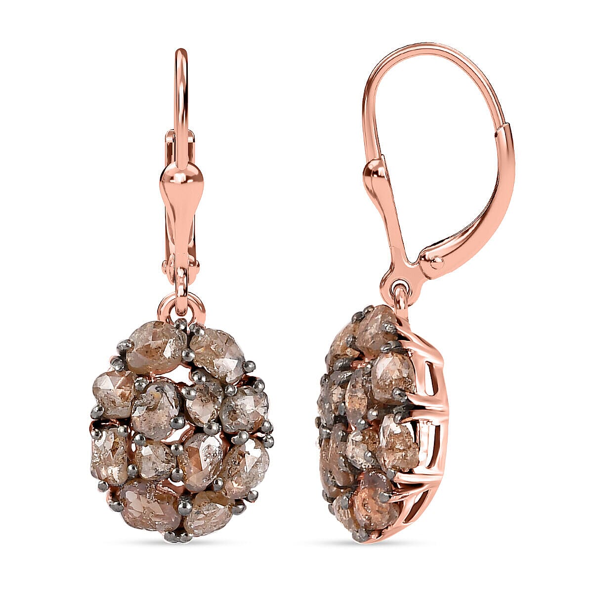 Biggest Natural Champagne Rose Cut Diamond Earrings in Vermeil Rose Gold Plated Sterling Silver 3.25 Ct.