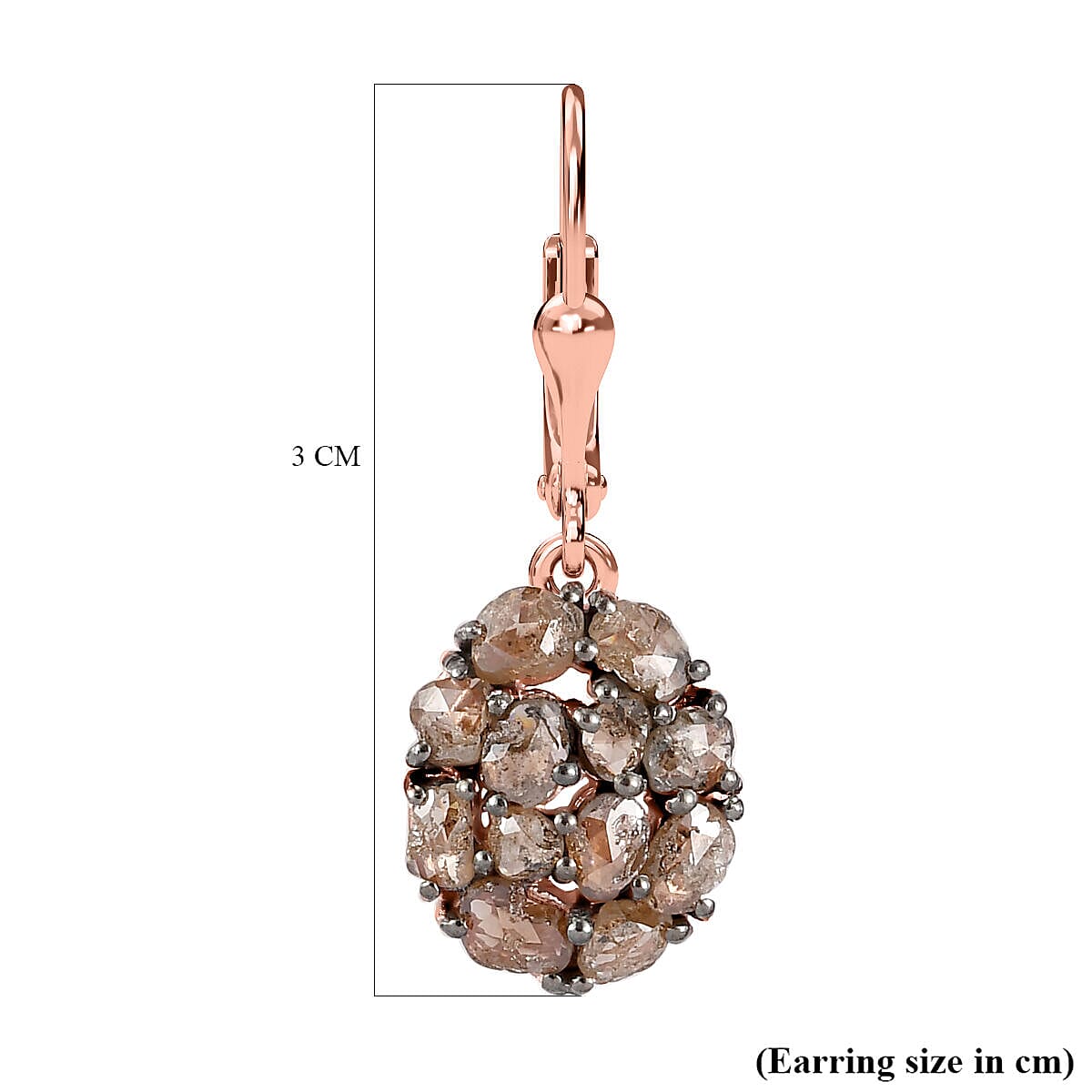 Biggest Natural Champagne Rose Cut Diamond Earrings in Vermeil Rose Gold Plated Sterling Silver 3.25 Ct.