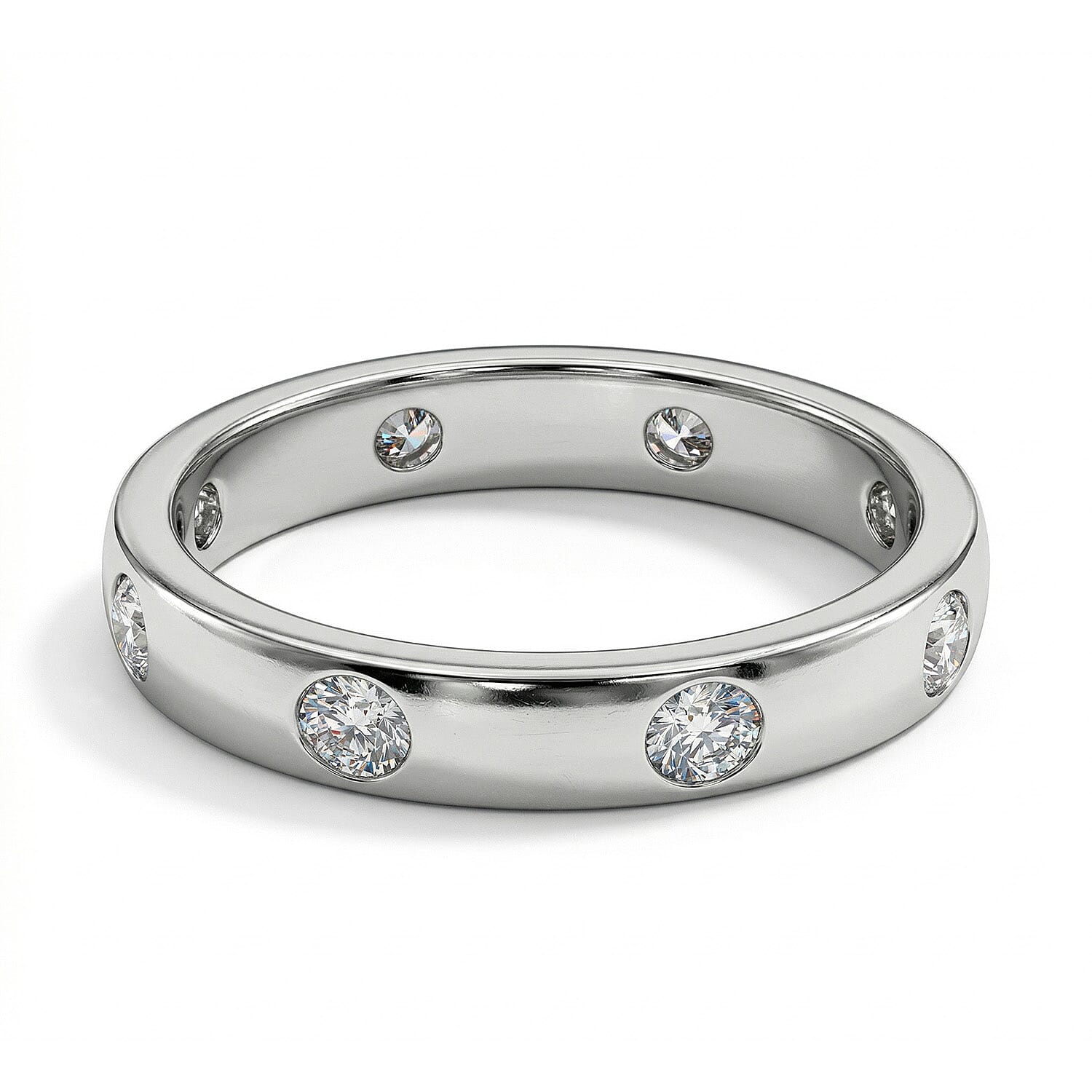 D'Joy Moissanite Flush Set Band Ring in Platinum Overlay Sterling Silver