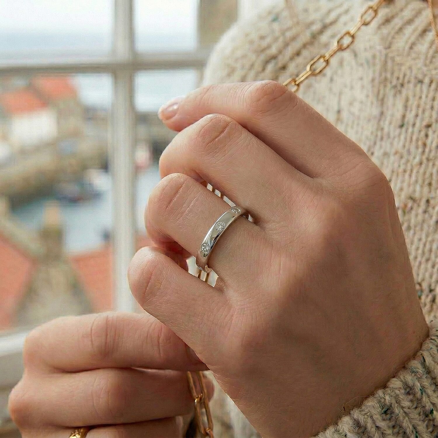 D'Joy Moissanite Flush Set Band Ring in Platinum Overlay Sterling Silver