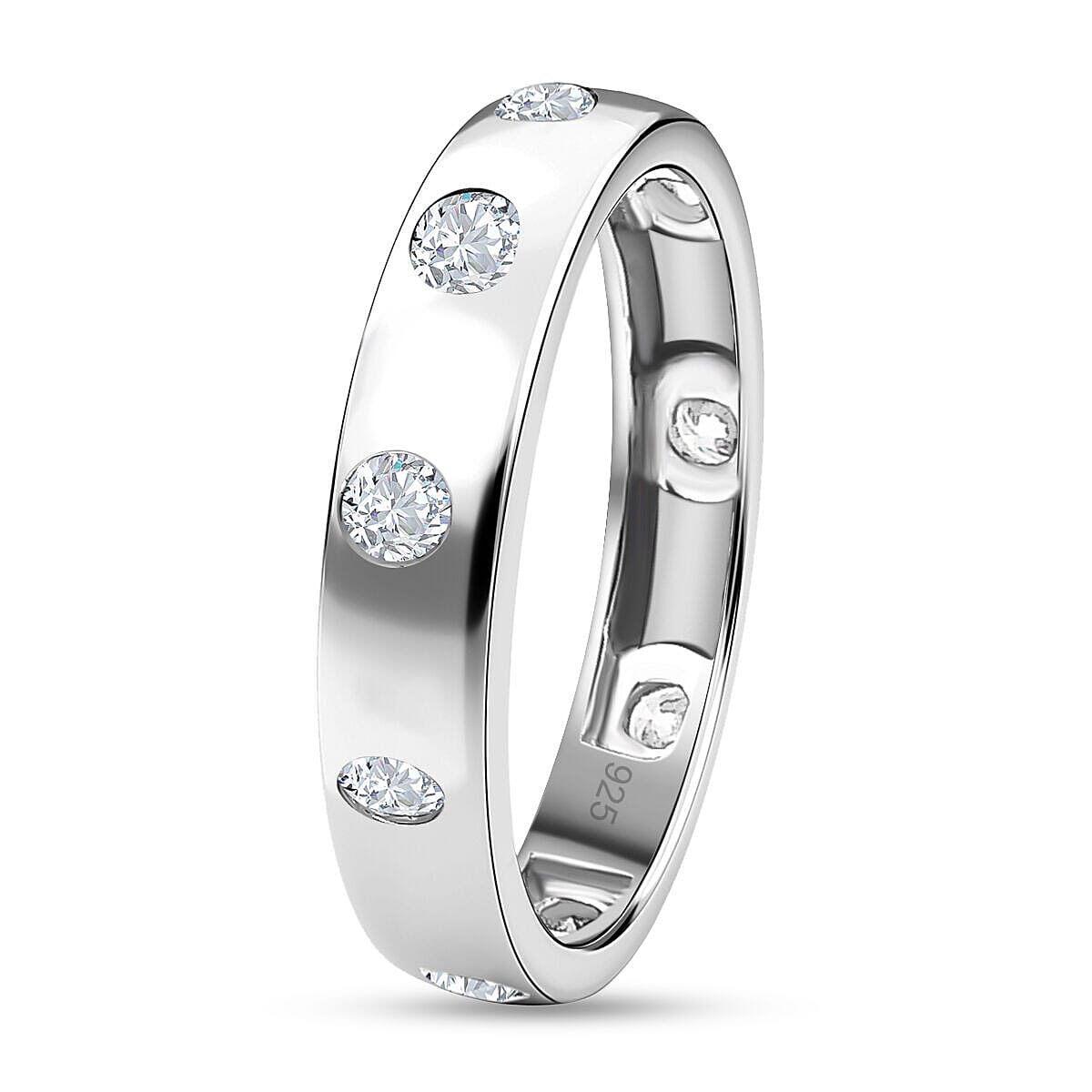 Moissanite Flush Set Band Ring in Platinum Overlay Sterling Silver