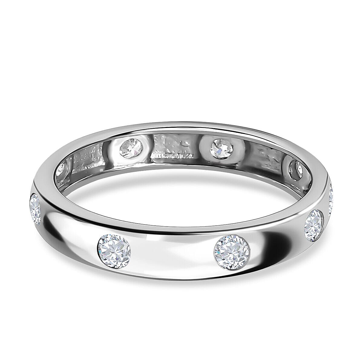 Moissanite Flush Set Band Ring in Platinum Overlay Sterling Silver